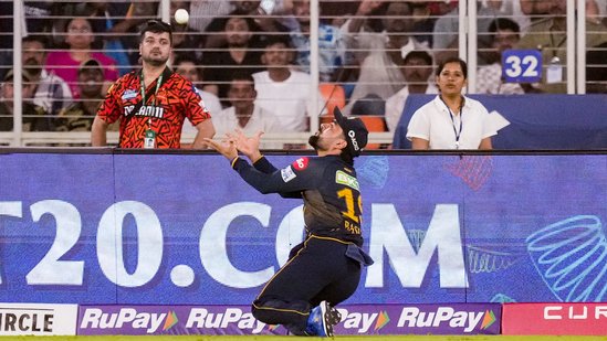Rashid Khan took a sensational catch off Prasidh Krishna to dismiss Head in the fifth over and it was all downhill from there for SRH. (PTI)