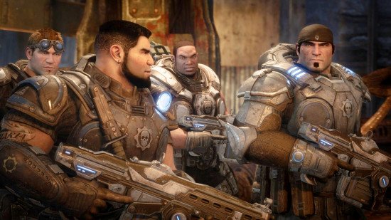Four soldiers prepare for battle in Gears of War Reloaded multiplayer.