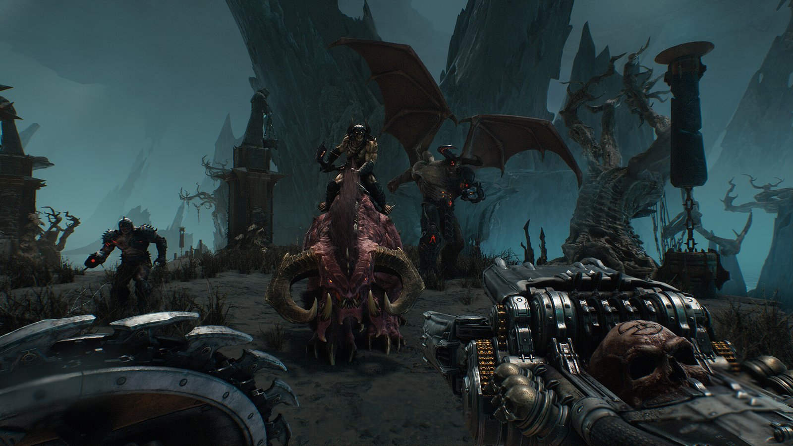 The Doom Slayer from Doom: The Dark Ages, now armed with a shield alongside one of his huge guns, faces a demon riding on another demon mount