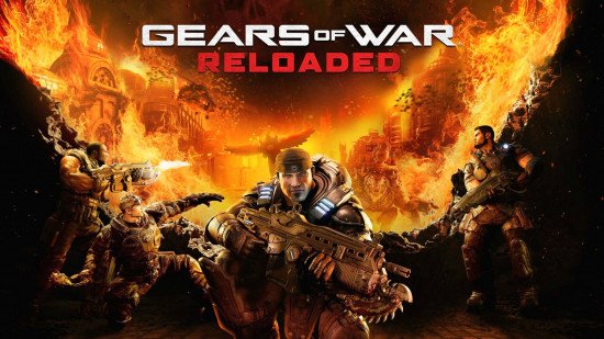 Soldiers fight in front of glowing flames in the key art for Gears of War Reloaded.