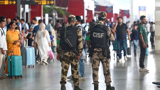 Security personnel take a round of the Departure area at Terminal 3 of the IGI Airport in view of security concerns due to situations at the border with Pakistan(Vipin Kumar/ Hindustan Times) Security personnel take a round of the Departure area at Terminal 3 of the IGI Airport in view of security concerns due to situations at the border with Pakistan(Vipin Kumar/ Hindustan Times)