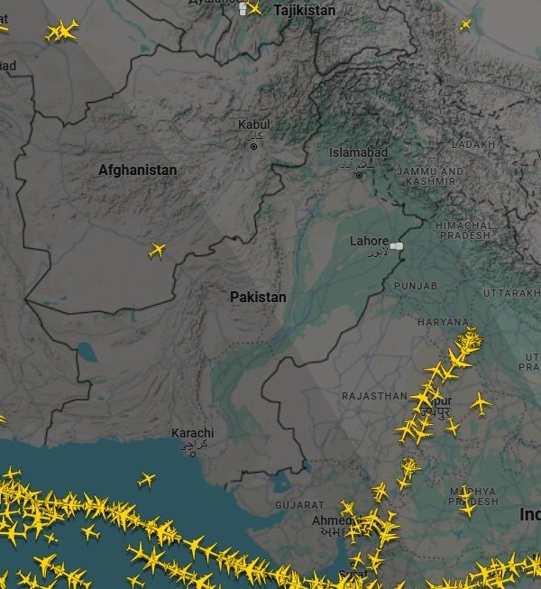 Flightradar24 data, during the filing of this report, showed no aircraft in the Pakistani airspace. Flightradar24 data, during the filing of this report, showed no aircraft in the Pakistani airspace.