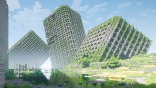 Three run down, office block buildings in an abandoned Minecraft city.