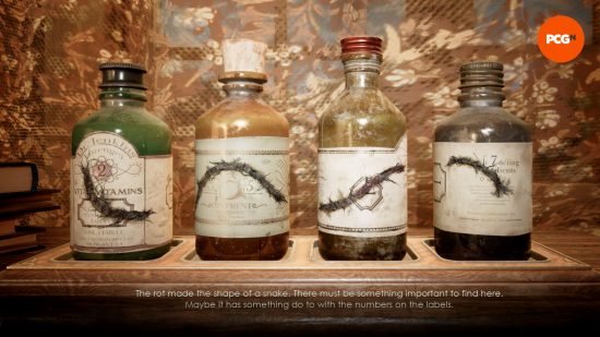 alone-in-the-dark-bottles Four bottles in a row, a line of rot spreading across them all, part of one of the Alone in the Dark combination lock puzzles.
