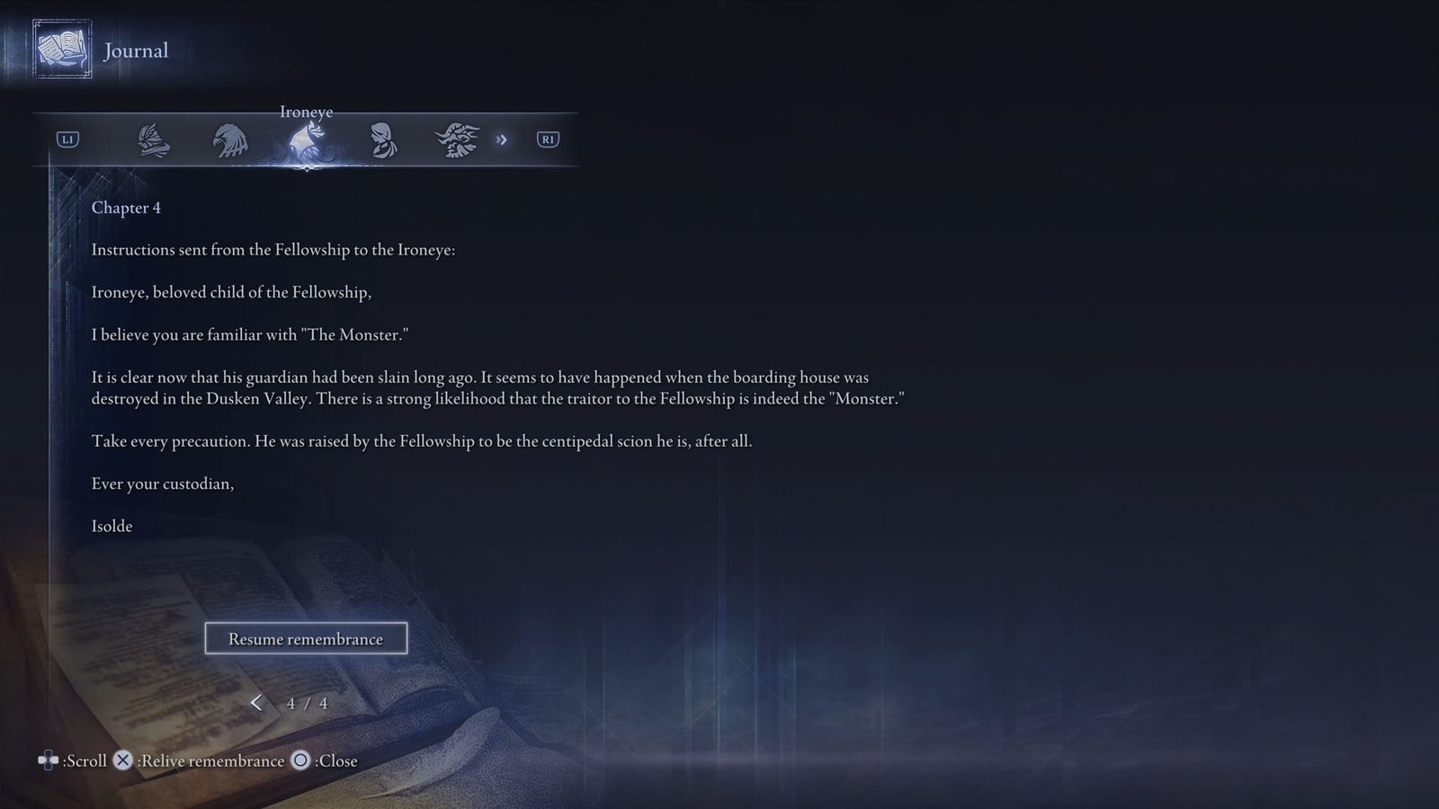 An Elden Ring Nightreign screenshot showing the chapter 4 in Ironeye’s Journal.