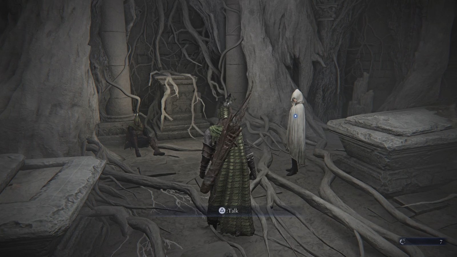 An Elden Ring Nightreign screenshot showing Ironeye beside the Priestess and the Traitor inside a white crypt.