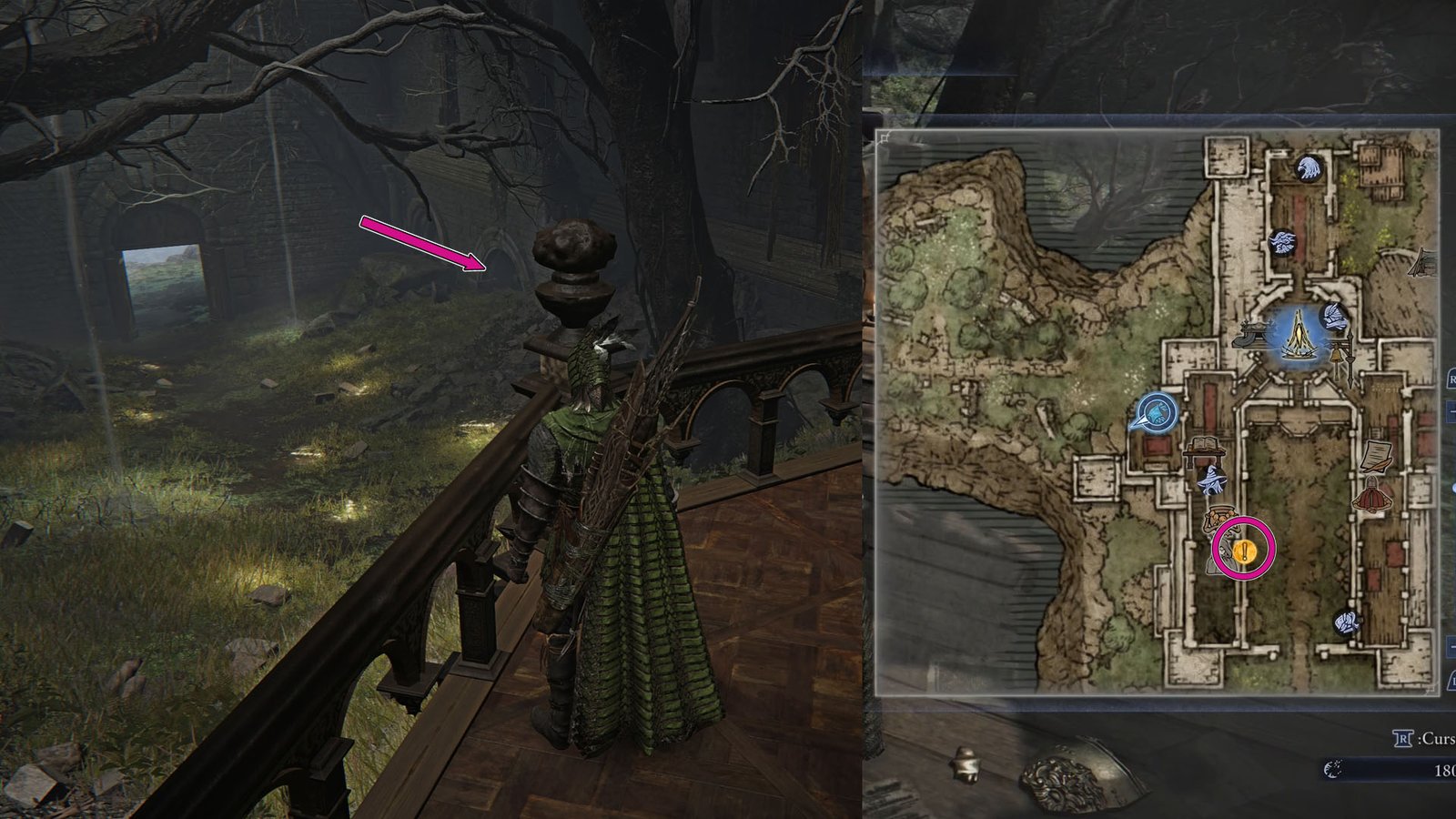 A montage using two Elden Ring Nightreign screenshots showing the location where the Priestess is when you start Ironeye’s Remembrance quest.