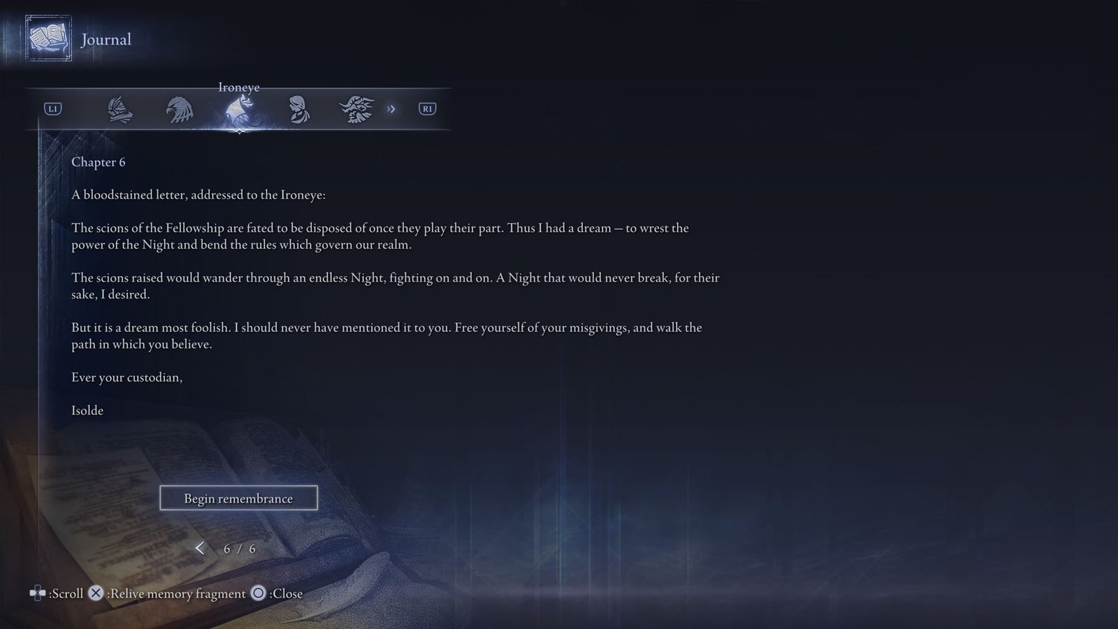 An Elden Ring Nightreign screenshot showing the chapter 6 in Ironeye’s Jounal.