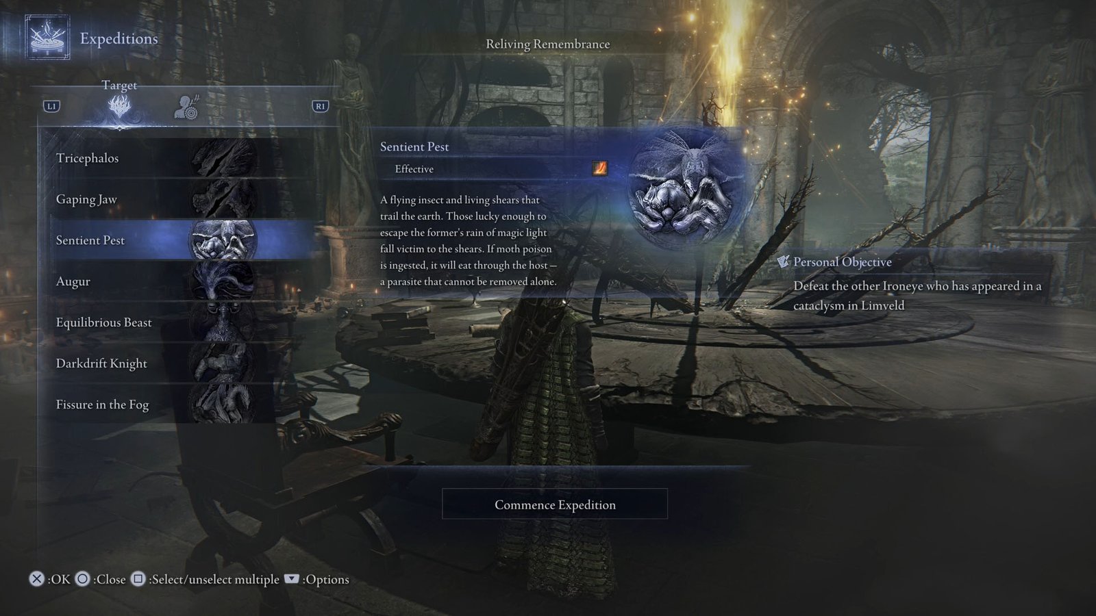 An Elden Ring Nightreign screenshot showing the Expeditions menu where you see a list of bosses and the description of Ironeye’s first Remembrance mission.