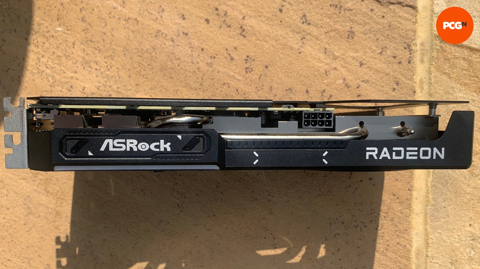 AMD Radeon RX 9060 XT review: ASRock Challenger OX graphics card top edge.