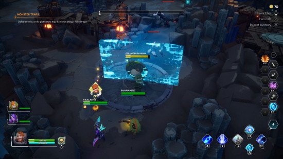 Evercore Heroes Ascension early access release date: a top down view of three heroes as they battle monsters.