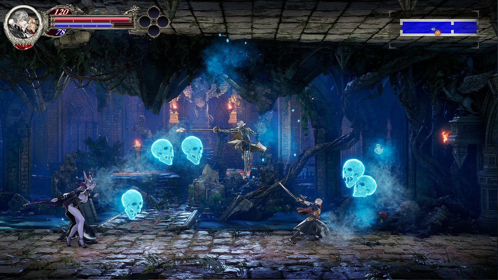 Bloodstained The Scarlet Engagement - Twin protagonists Leonard and Alexander fight a purple demon lady.