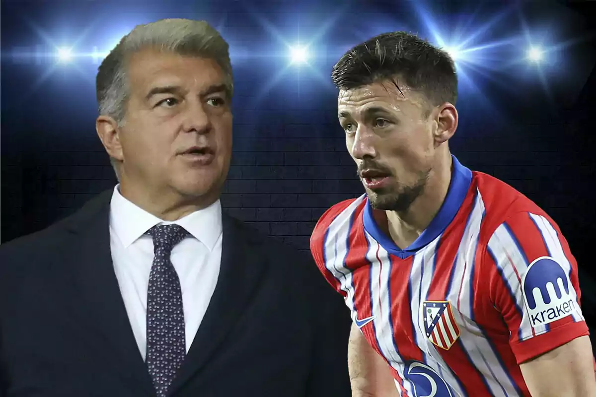 A man in a suit and tie next to a player in an Atlético de Madrid uniform, with bright lights shining in the background
