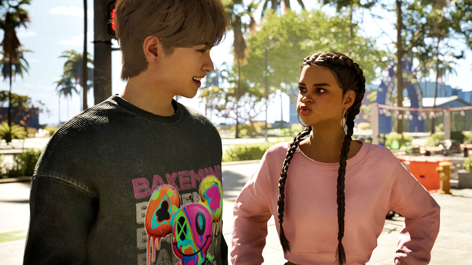 Inzoi June update - A woman with long, braided pigtails pouts at a smiling man.