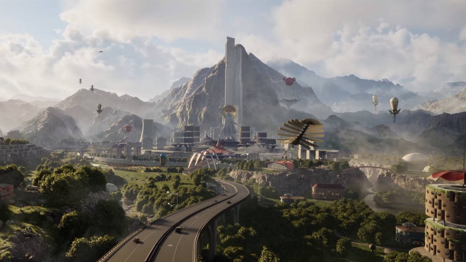 A dystopian city nestled amid a forest area, blimps surrounding it