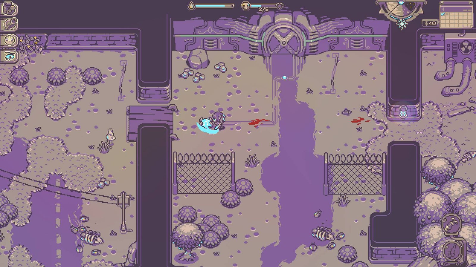 A pixel girl rungs through a dark, dreary landscape fighting enemies with a sword, blood on the ground