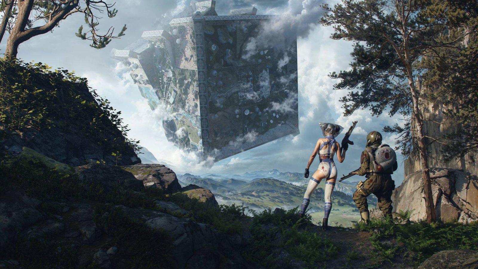 A woman wearing tight with shorts and thigh high socks holding a gun stands next to a man in military gear, looking up at a huge levitating cube structure in a forest area