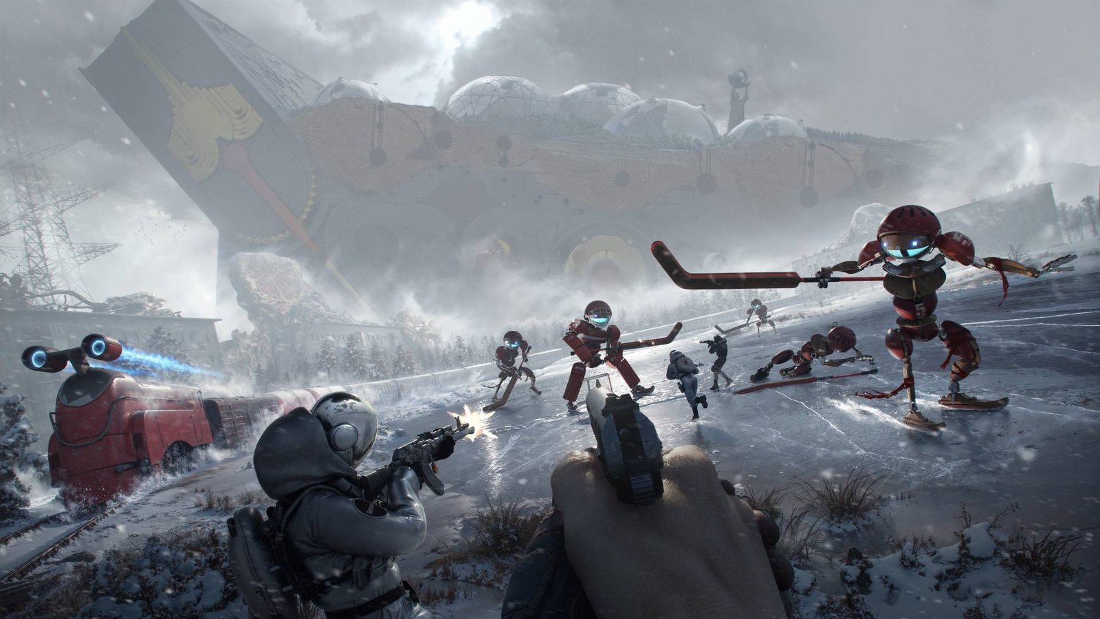 Players attack a series of oversized hockey robots on an icy field, a huge tentacle behind them