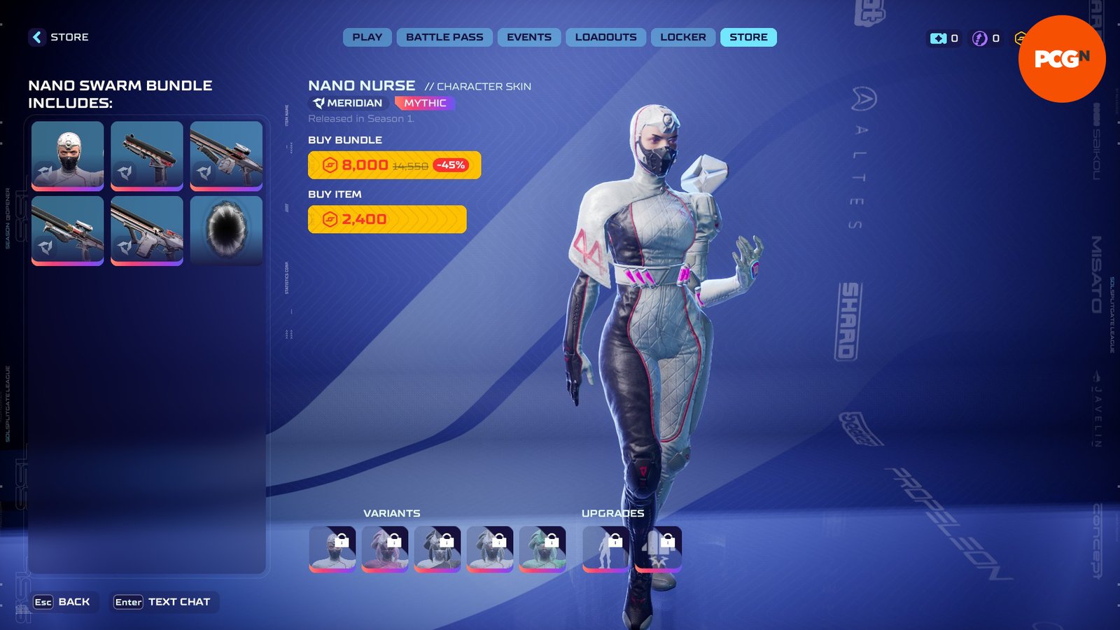 Splitgate 2 microtransactions - The Nano Swarm bundle, priced at 8,000 Splitcoins.