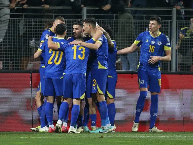 Bosnia and Herzegovina's Amar Dedic celebrates scoring their first goal with teammates on March 21, 2024