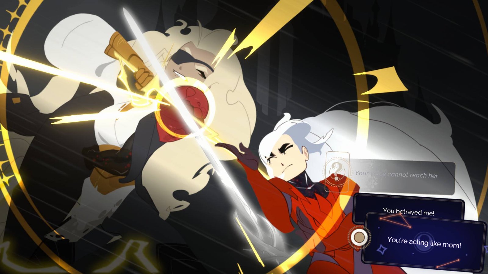 Two cartoon women fight one another, one with blond hair and an eyepatch, the other with white hair wearing red, with a series of dialogue options in the bottom right corner