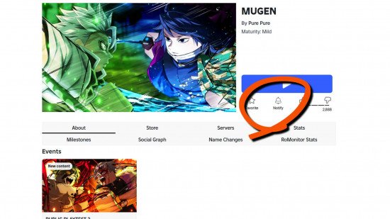 The notify button on the Mugen Roblox page.