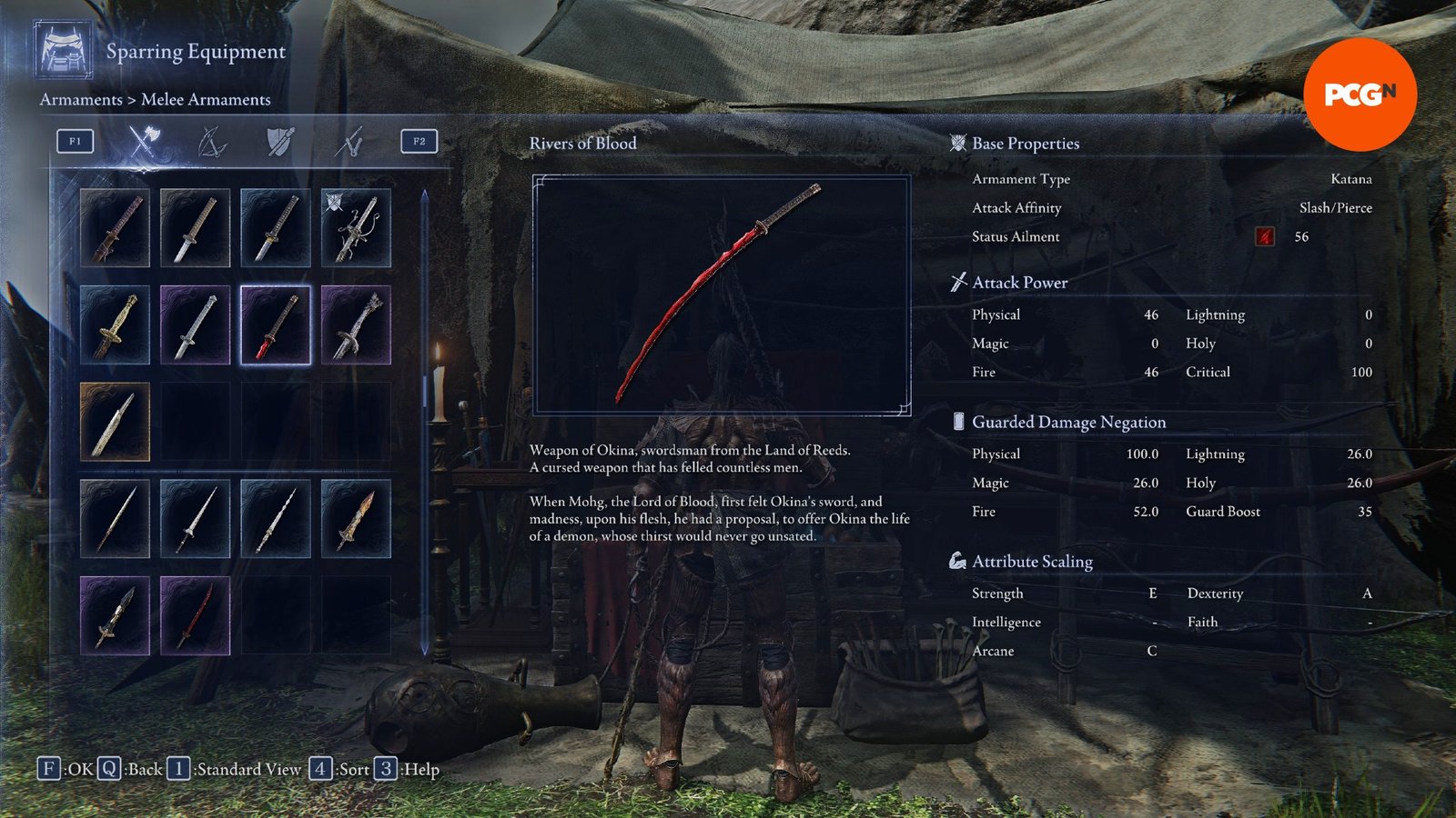 The Rivers of Blood as it appears in the sparring equipment inventory, the best off-hand katana in the Elden Ring Nightreign Executor build.