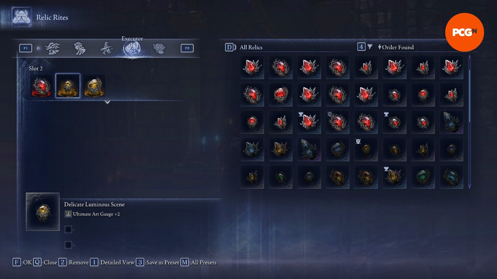 The relic rites system menu, a requirement for the best Elden Ring Nightreign Executor build.