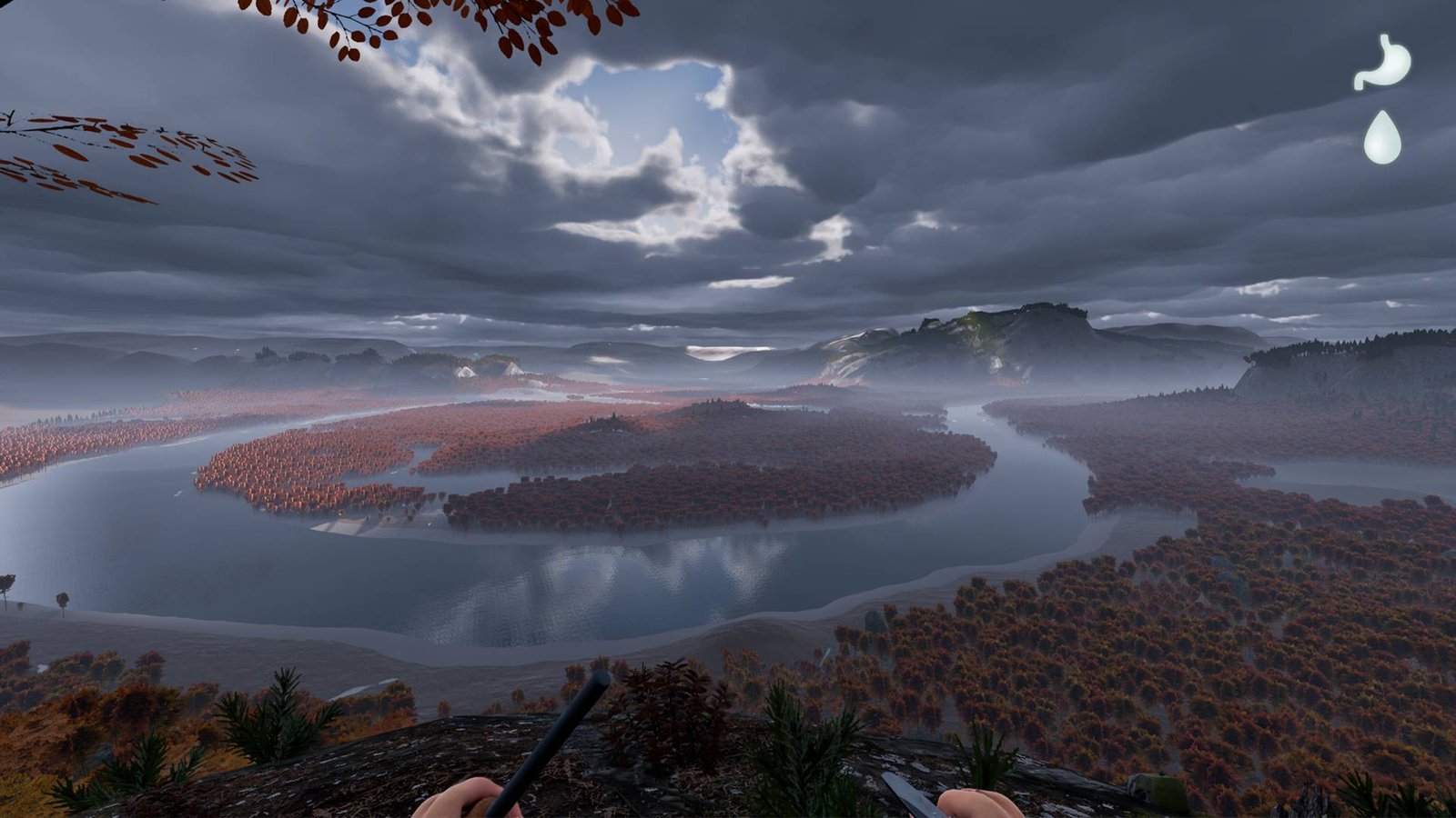 A character looks out over a sprawling lake area with red trees in a circle as the skies grow dark