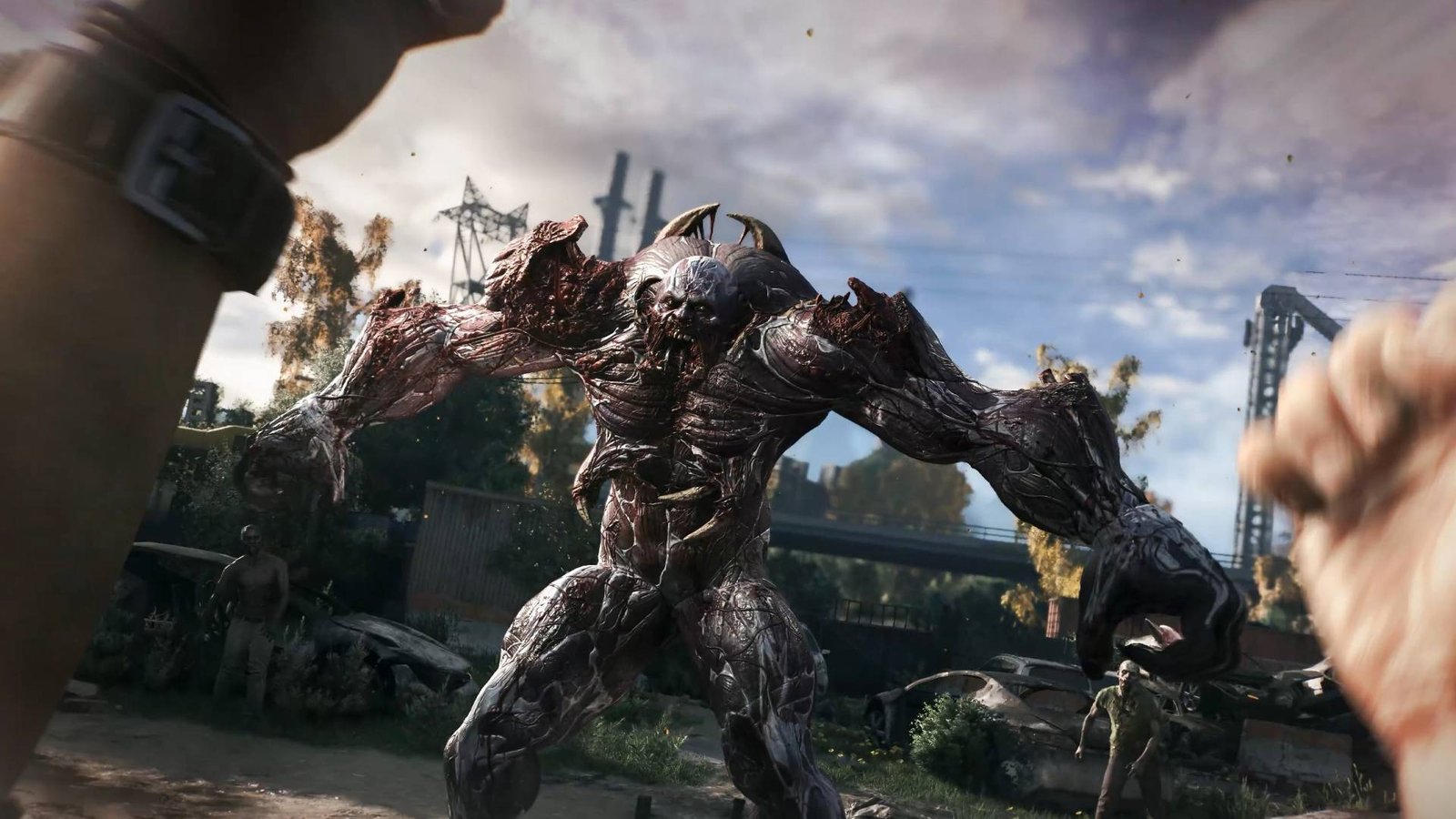 A hulking zombie creature standing in a car park area swinging down on the player