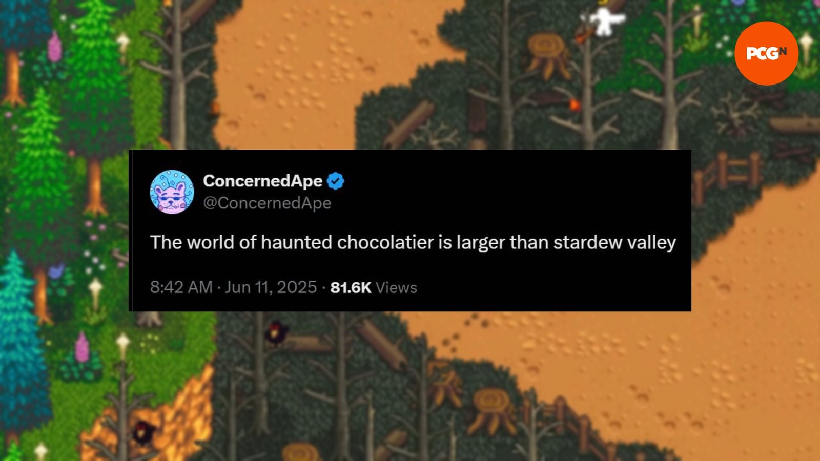 An X post from ConcernedApe discussing the size of Haunted Chocolatier's world when compared to Stardew Valley