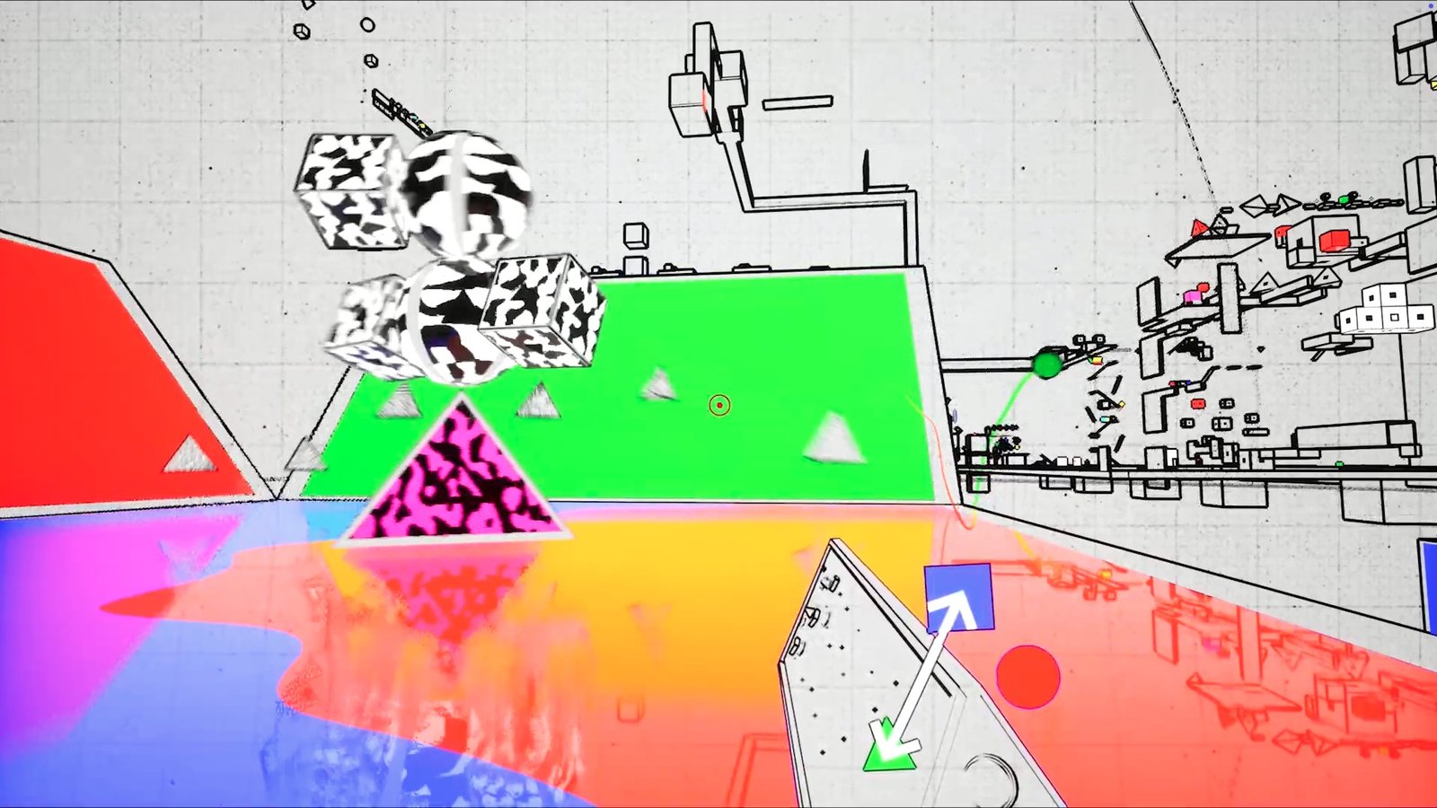 A black and white graphic line gun navigates a loopy geometrical environment in Art Is Rifle