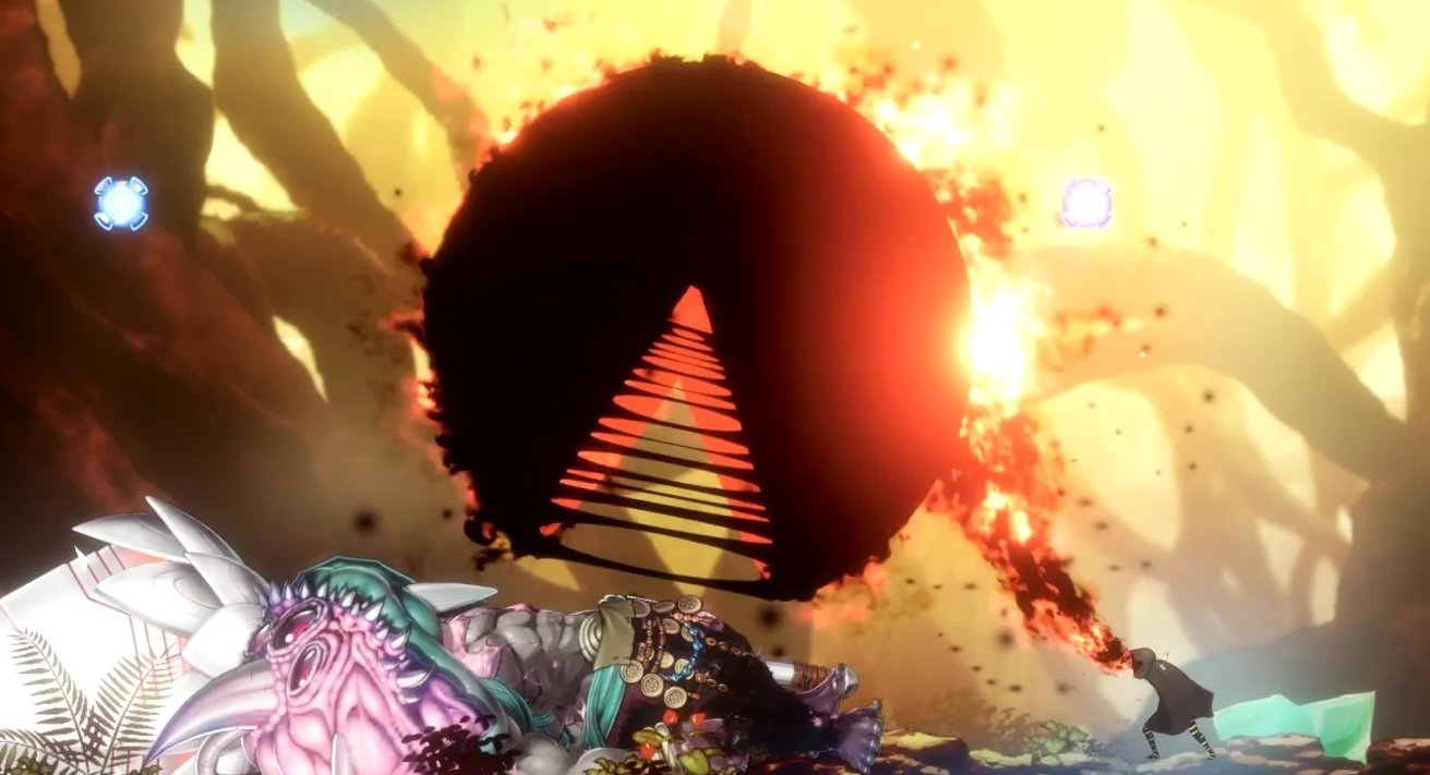 A giant black Pac-Man face chomps down on a monster in Shadow Labyrinth
