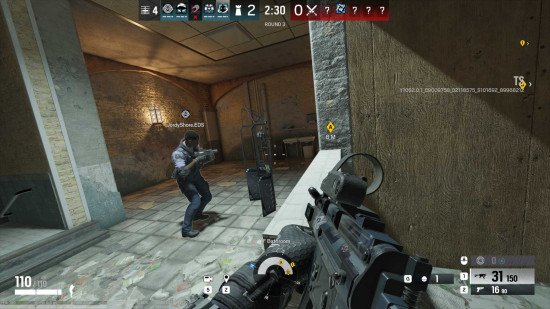 Third-person view of Clash placing her shield in Bathroom on Border.