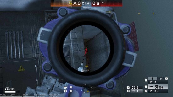 Vigil appears from around the corner on Club House's Blue stairs, surrounded by a red outline that bleeds onto the wall next to him.