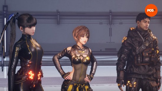 Stellar Blade PC review: Two women and a man, all wearing black clothes, Eve, Lily, and Adam from Stellar Blade.