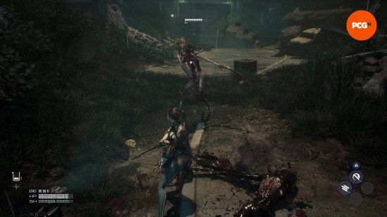 Stellar Blade PC review: A woman with black hair, seen from behind, stands in front of a monster while holding a sword, Eve from Stellar Blade.