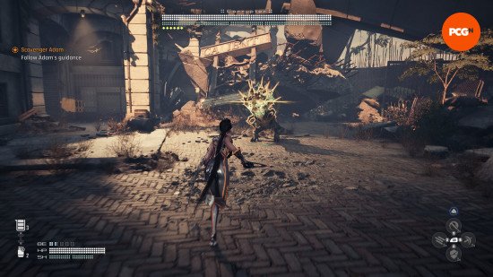 Stellar Blade PC review: A woman with black hair, seen from behind, runs across a brick street toward a monster, Eve from Stellar Blade.