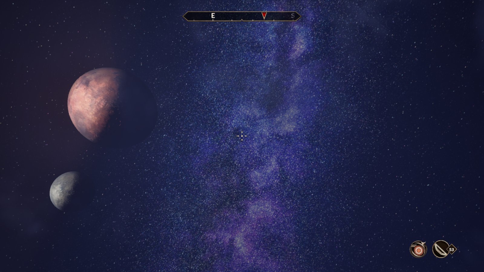Two moons float in the colorful night sky, which is filled with stars.