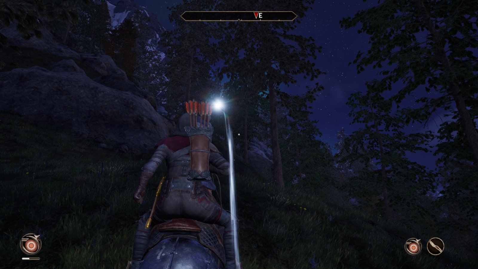 Oblivion Remastered in third-person mode. A female Dunmer rides a horse through the dark, followed by a mote of light from a recently cast spell.