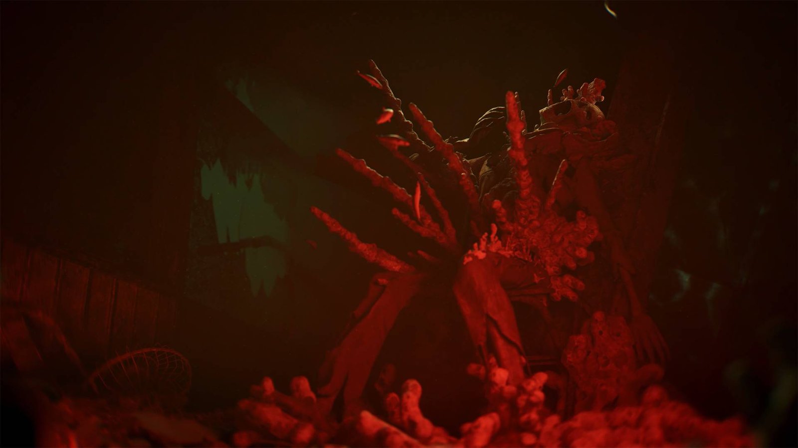 A dead body suspended in various corals, its face contorted in pain