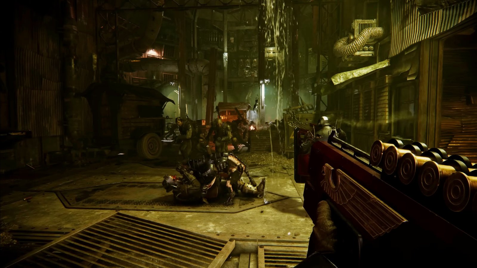 Warhammer 40k Darktide Arbites - The Cyber-Mastiff pins down an enemy as the player uses the new Arbites Shotgun.