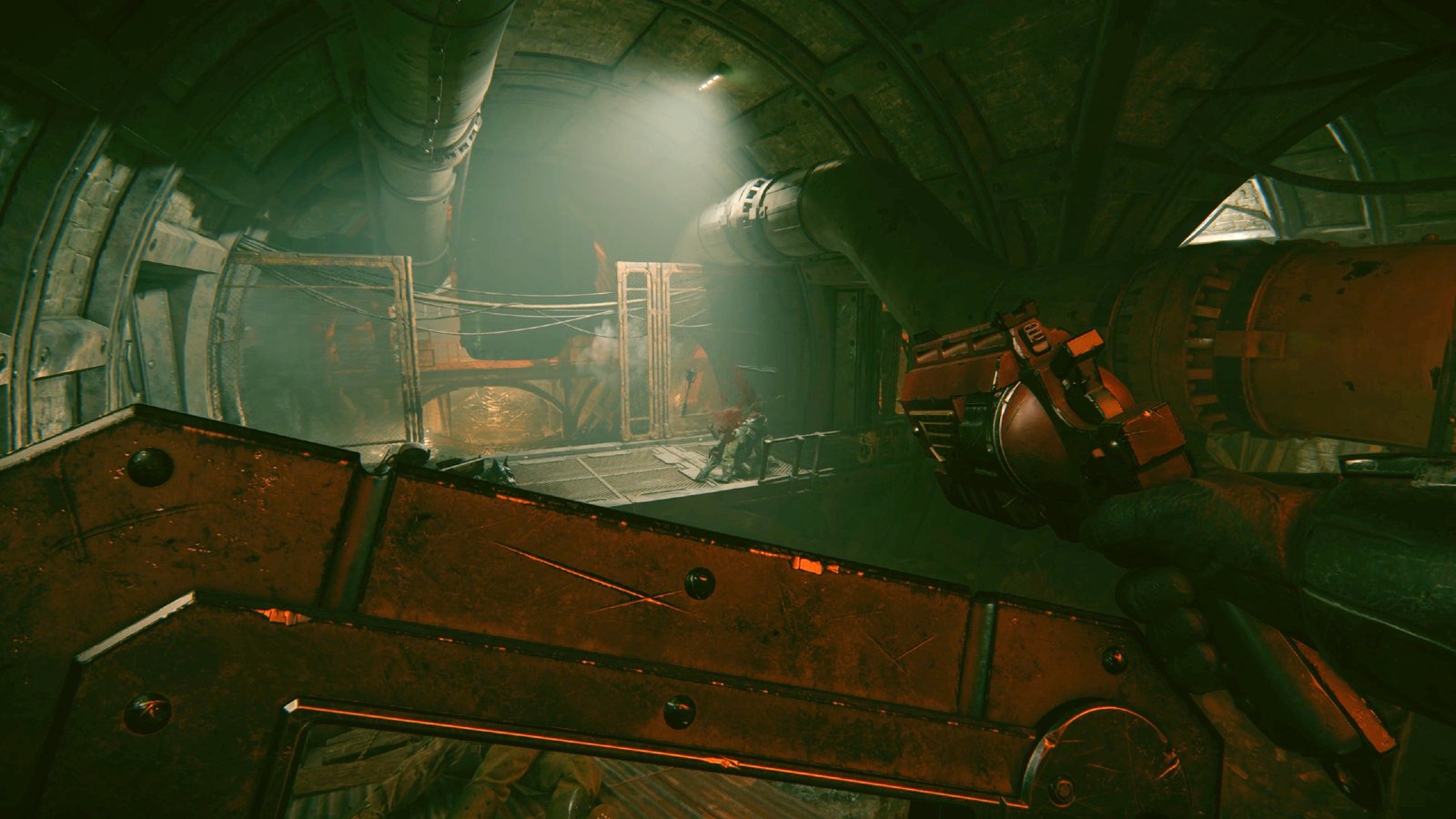 Warhammer 40k Darktide Arbites - The new class aims a Shotpistol over its shield.