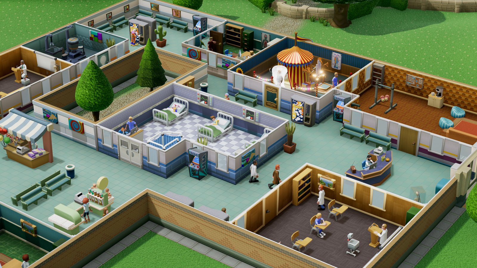 A top-down image of a hospital showing various wards, waiting rooms, and corridors