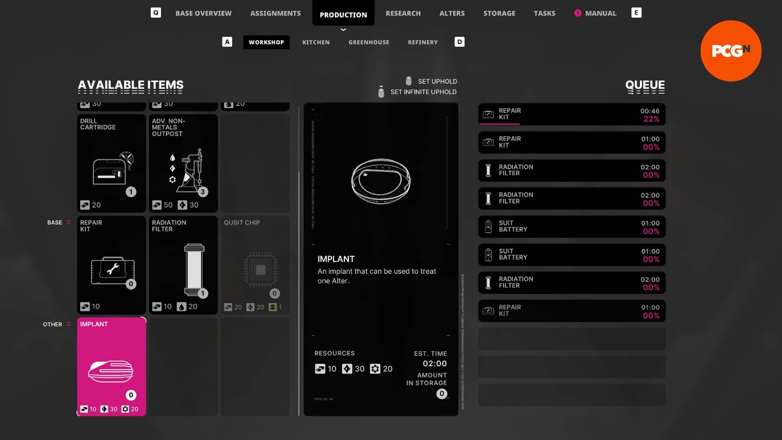 The items screen in The alters.