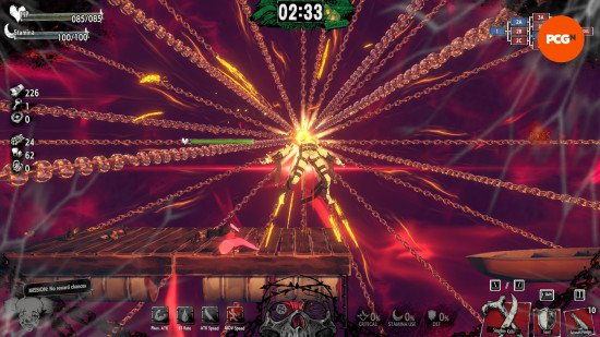 A character bursts with flame, light, and chains while using a powerful move in Hotel Barcelona, one of the best Steam Next Fest demos in June 2025.