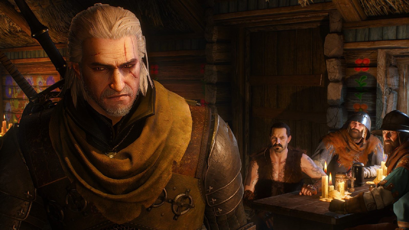 Best Witcher 3 settings: Geralt standing facing camera with inn patrons in backdrop