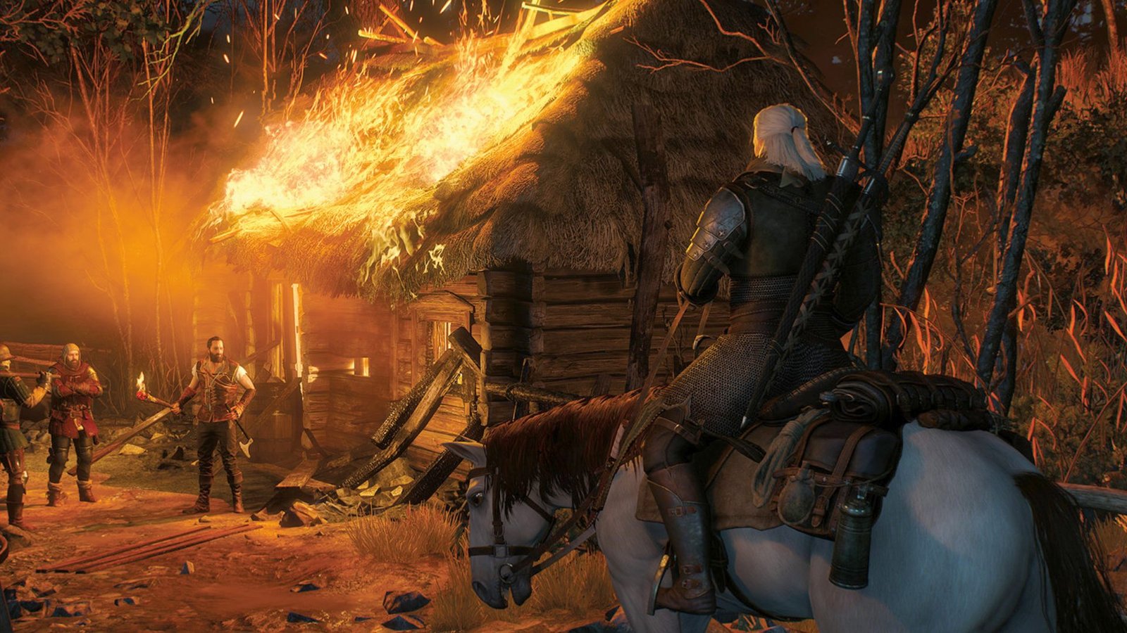 Best Witcher 3 settings: Geralt on horseback with burning shack in backdrop