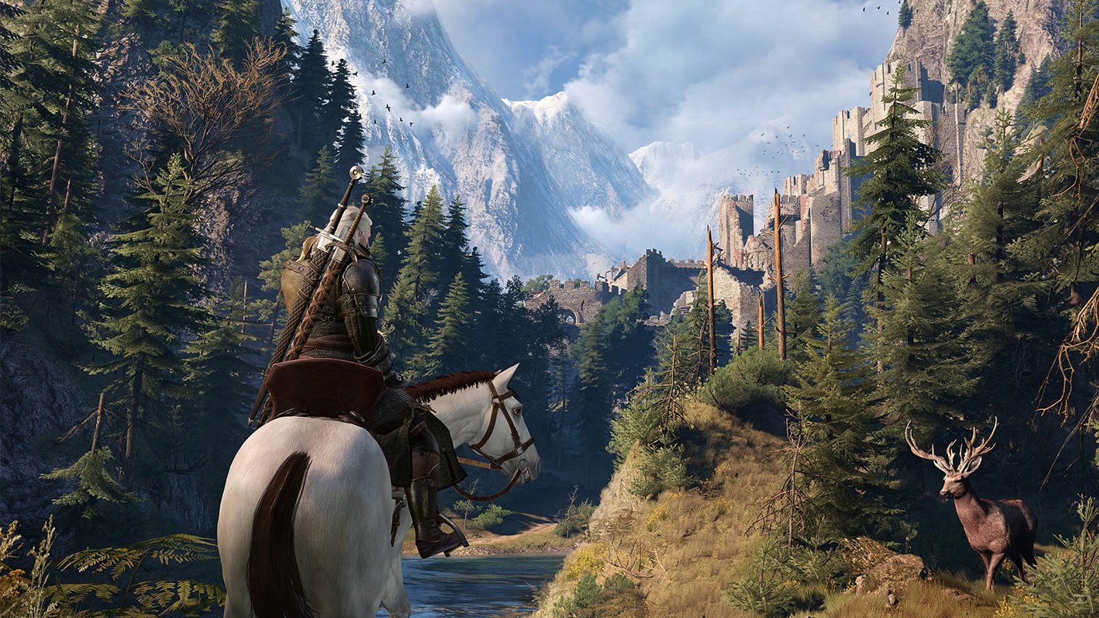Best Witcher 3 settings: Geralt on horse riding through valley