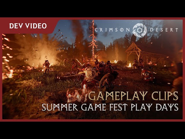 Crimson Desert: A battle between medieval soldiers rages and dusk with fiery explosions lighting up the battlefield